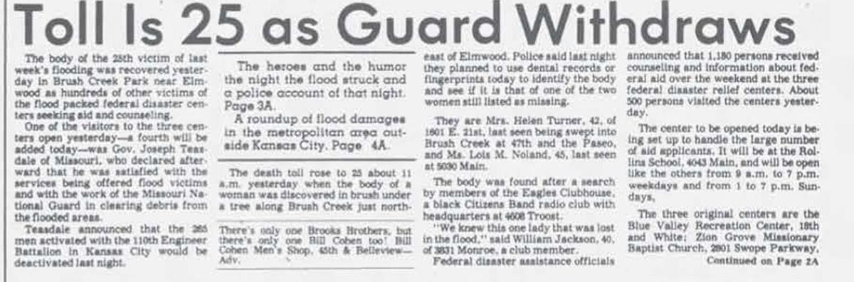 A story on the front page of the Times on Sept. 19, 1977, reported the discovery of the 25th flood victim. She was later identified as Helen Turner. Outside of her obituary, neither paper ever wrote about her life.