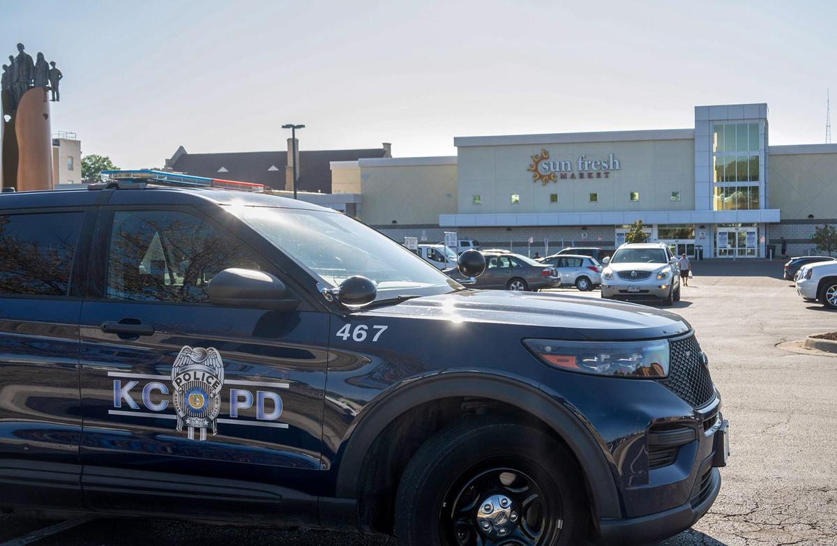 A KCPD patrol car sits in the parking lot of the Linwood Shopping Center on September 3, 2024. Due to reports of crime and vagrancy, the shopping center has increased security and police presence.