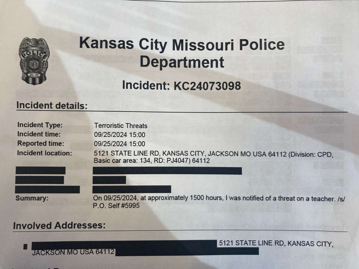 A Kansas City Police Department incident report from Sept. 25 designates an incident with the phrase “Terroristic Threats.”