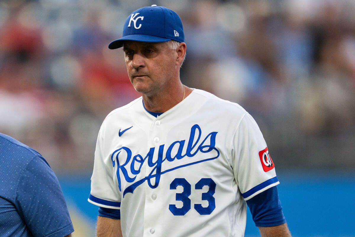 Royals manager Matt Quatraro walks back to the dugout during KC’s 14-6 win against the St. Louis Cardinals at Kauffman Stadium in Kansas City on Thursday, June 18, 2026.