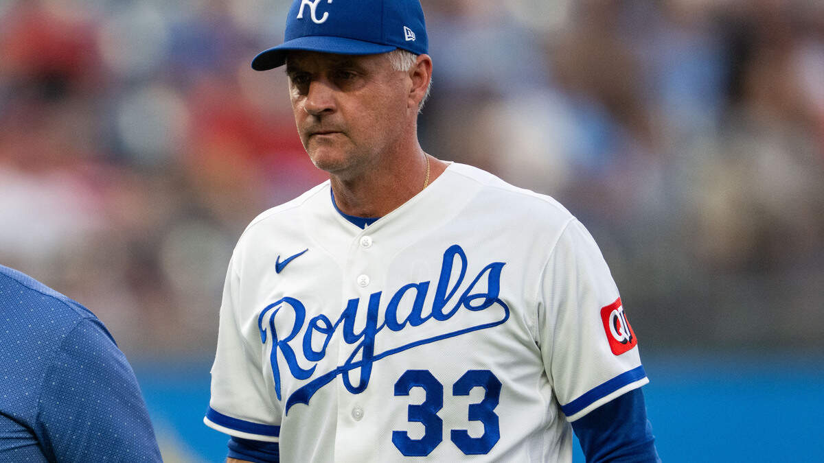 Royals manager Matt Quatraro walks back to the dugout during KC’s 14-6 win against the St. Louis Cardinals at Kauffman Stadium in Kansas City on Thursday, June 18, 2026.