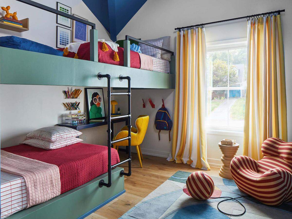 The bunk room has full-sized beds.
