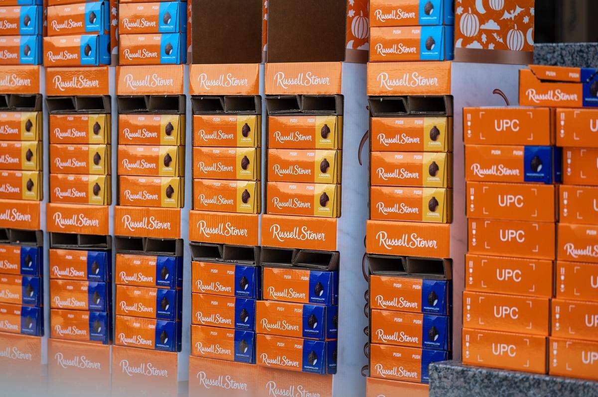 Boxes of Halloween-themed Russell Stover chocolates are set out for employees to easily hand out to guests during the company's annual candy giveaway at the Russell Stover headquarters on Friday, Oct. 31, 2025, in Kansas City.