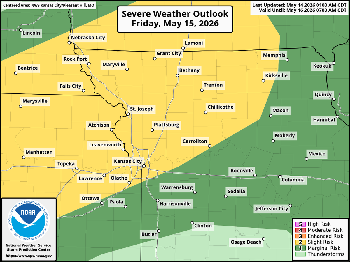 Strong to severe storms could develop Friday afternoon, but the best chance for severe weather will arrive after sunset Friday evening as storms move east out of Kansas, the National Weather Service said. Large hail and damaging winds will be the main hazards.