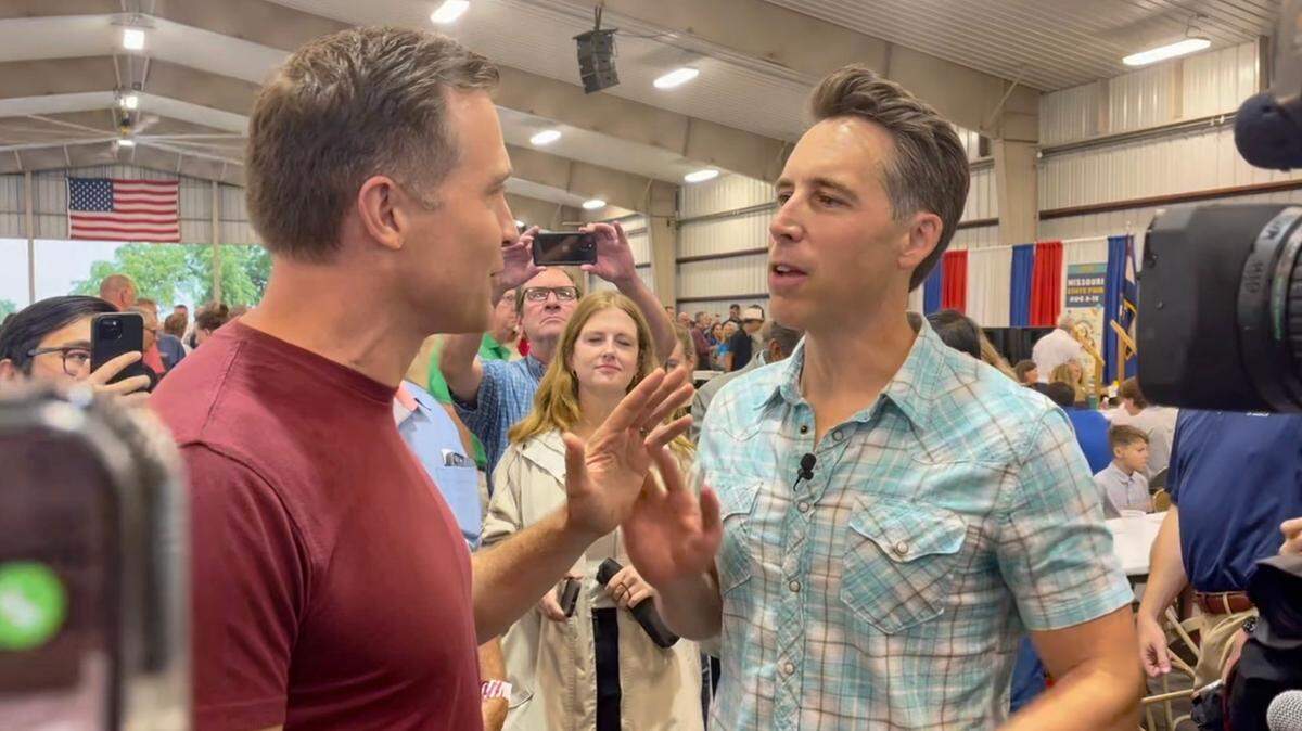 Republican Sen. Josh Hawley and Democrat Lucas Kunce engaged in an impromptu showdown at the Missouri State Fair on Thursday. The candidates have been fighting over a potential debate.