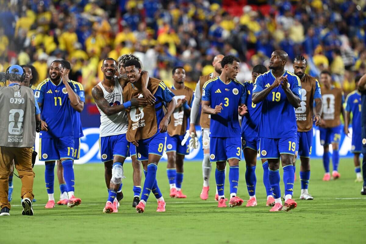 Curaçao players applaud their fans following a draw against Ecuador in a FIFA World Cup group-stage soccer match at Kansas City (Arrowhead) Stadium in Kansas City on Saturday, June 20, 2026.