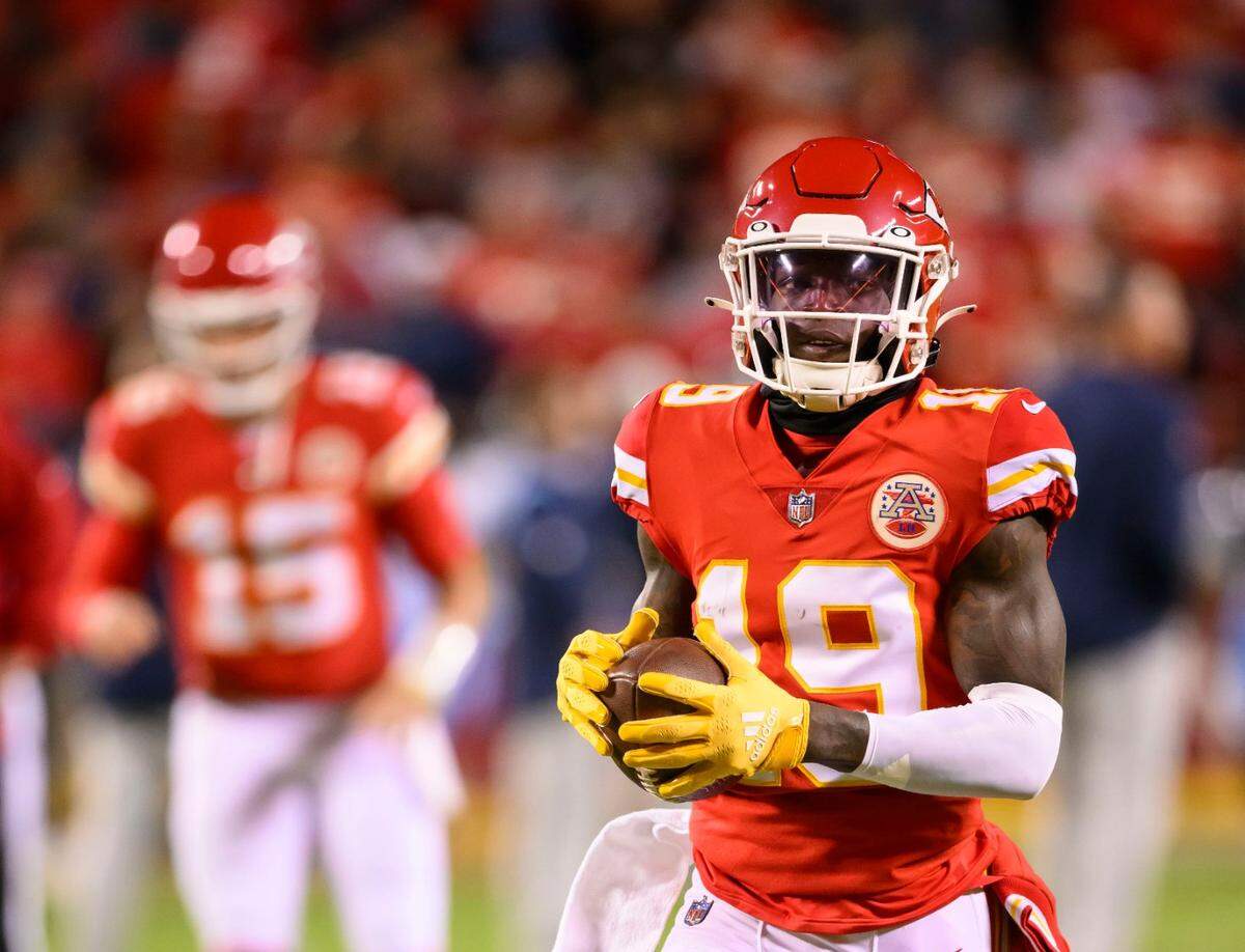 New Kansas City Chiefs wide receiver Kadarius Toney caught both balls thrown his direction Sunday night against the Tennessee Titans at GEHA Field at Arrowhead Stadium.
