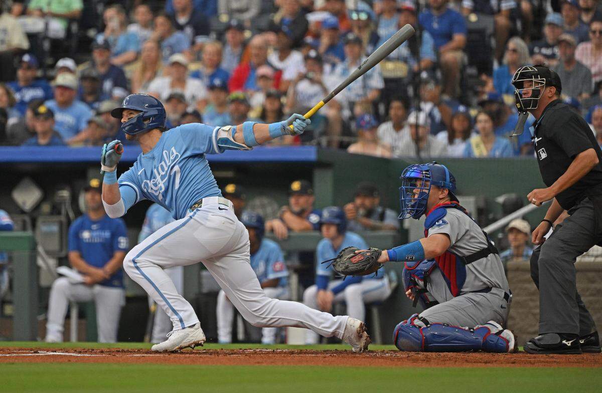 Royals shortstop Bobby Witt Jr. doubles in a run during the first inning of a Sunday, June 29, 2025 game against the Los Angeles Dodgers at Kauffman Stadium in Kansas City.