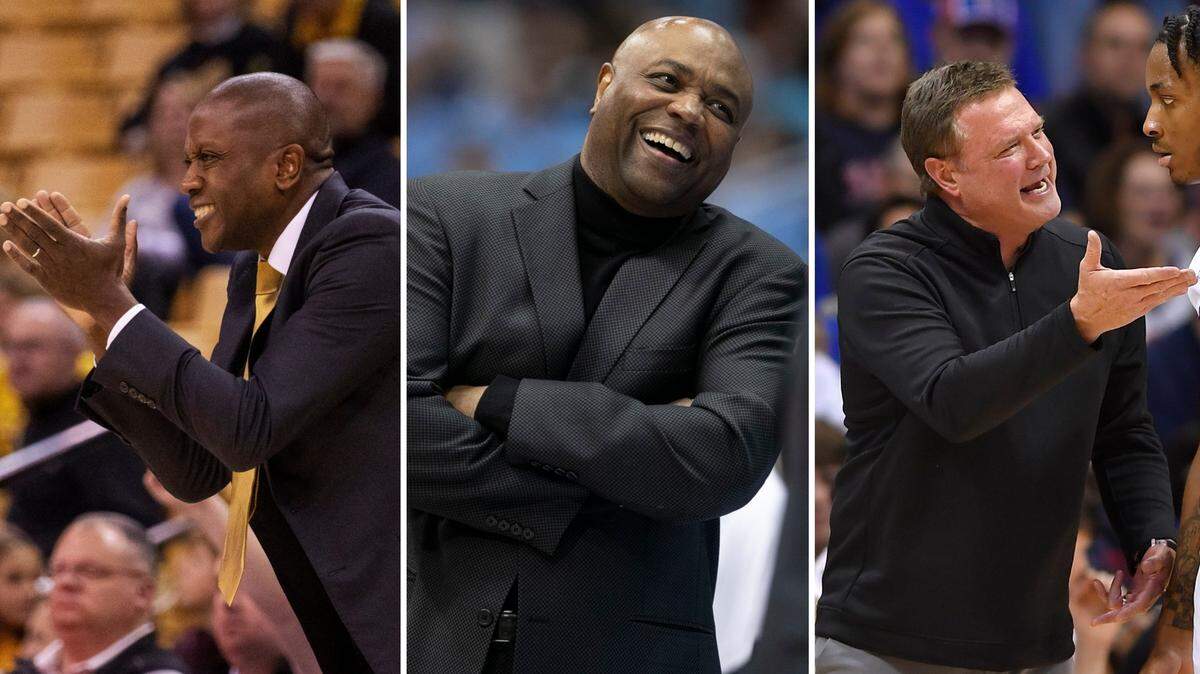 Florida State men’s basketball coach Leonard Hamilton (center) helped launch the coaching careers of Missouri’s Dennis Gates (left) and Kansas’ Bill Self (right). Gates’ and Self’s teams meet on Saturday in Columbia, Mo.