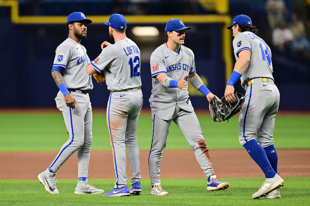 Maikel Garcia #11, Nick Loftin #12, Michael Massey #19, and Jac Caglianone #14 of the Kansas City Royals celebrate after defeating the Tampa Bay Rays 2-1 at Tropicana Field on June 22, 2026 in St Petersburg, Florida.