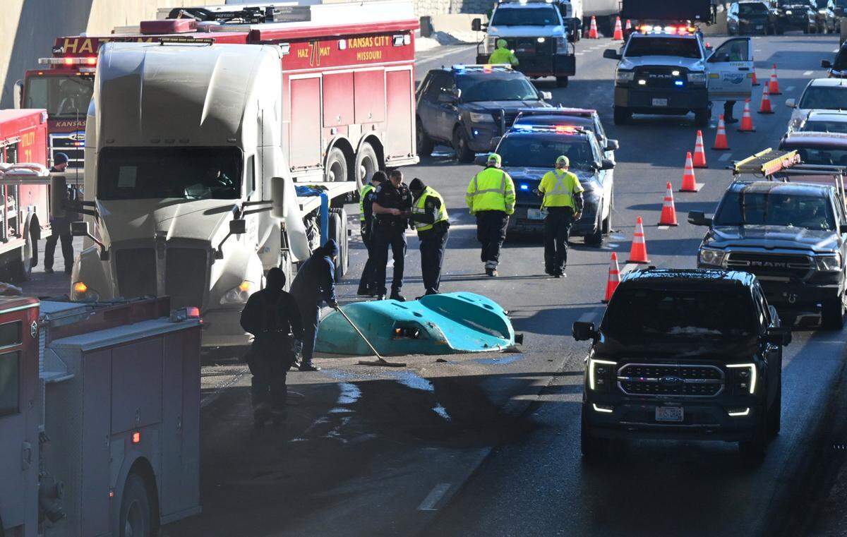 A semi-truck crash on westbound Interstate 670 on Tuesday, Jan. 27, 2026, closed several lanes of highway. Authorities said the vehicle's cargo fell from the truck, rupturing its left fuel tank. Hazmat teams were brought in for clean up.