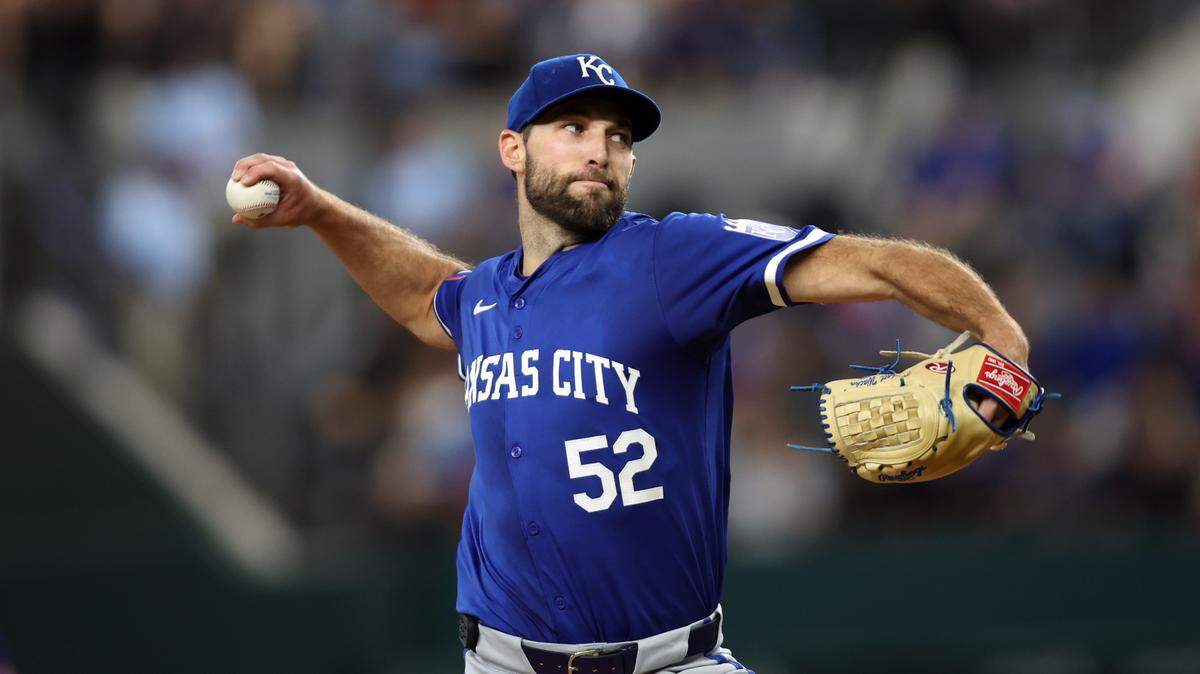 Kansas City Royals starting pitcher Michael Wacha (52) throws a pitch in the first inning against the Texas Rangers at Globe Life Field on June 22, 2024.