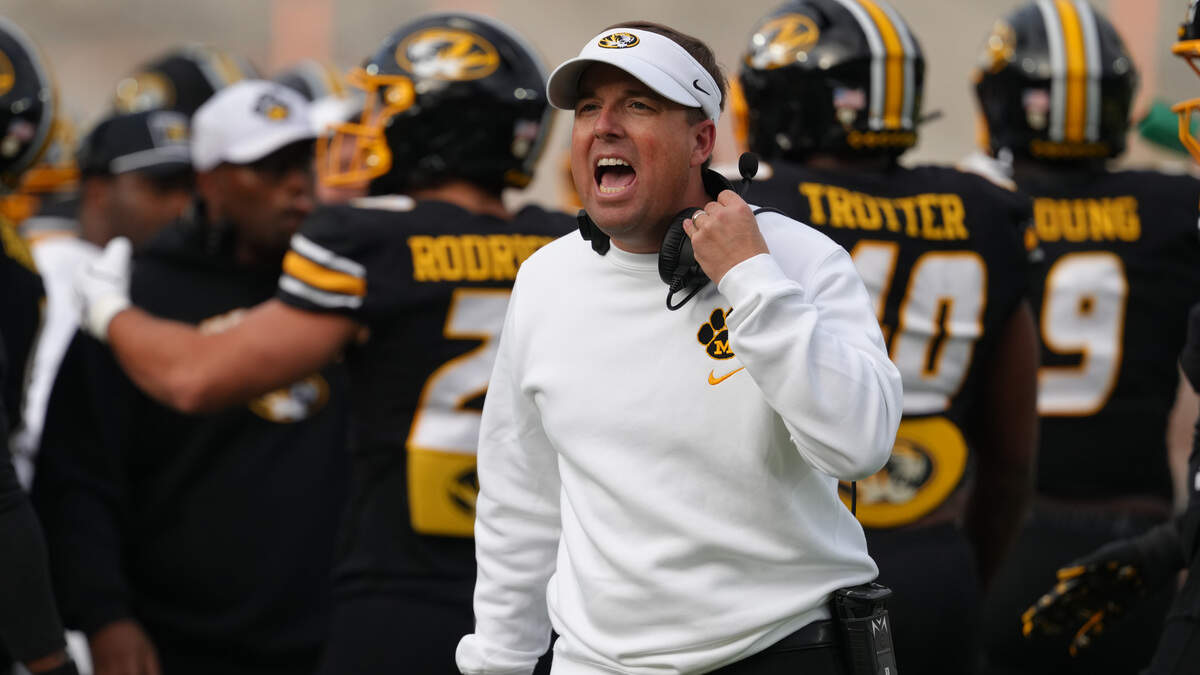 Head coach Eli Drinkwitz of the Missouri Tigers reacts against the Texas A&M Aggies in the first half at Faurot Field at Memorial Stadium on November 8, 2025 in Columbia.