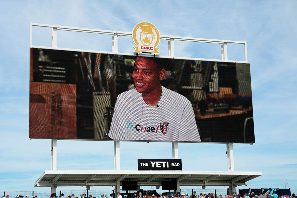 A general view of the video board during the presentation of the Lauren Holiday Impact Award nominee Kansas City Current goalkeeper Adrianna Franch (21) during halftime at CPKC Stadium on Sept. 28, 2024.