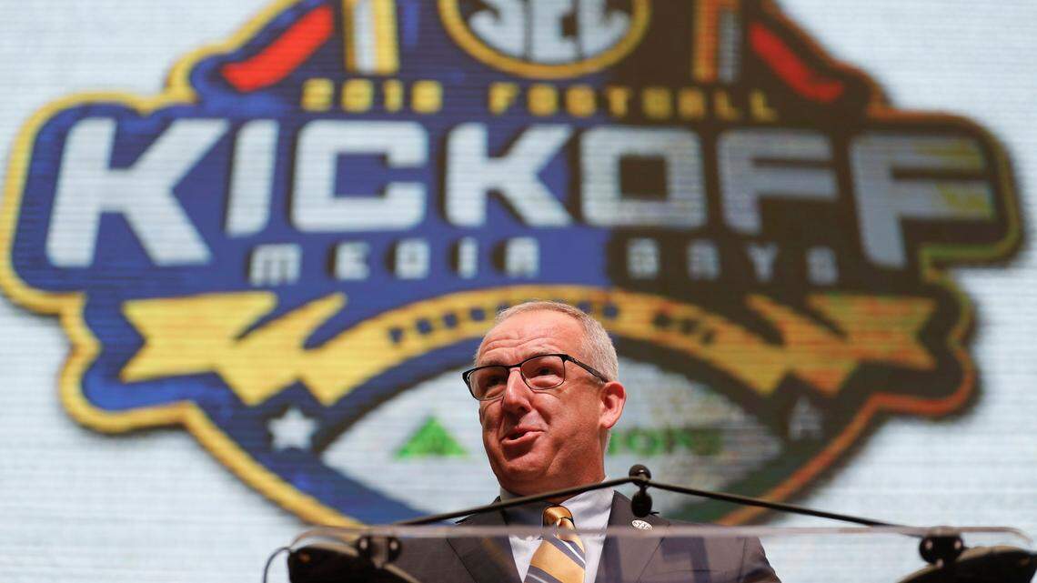 Southeastern Conference commissioner Greg Sankey speaks during NCAA college football SEC media days at the College Football Hall of Fame in Atlanta, Monday, July 16, 2018.