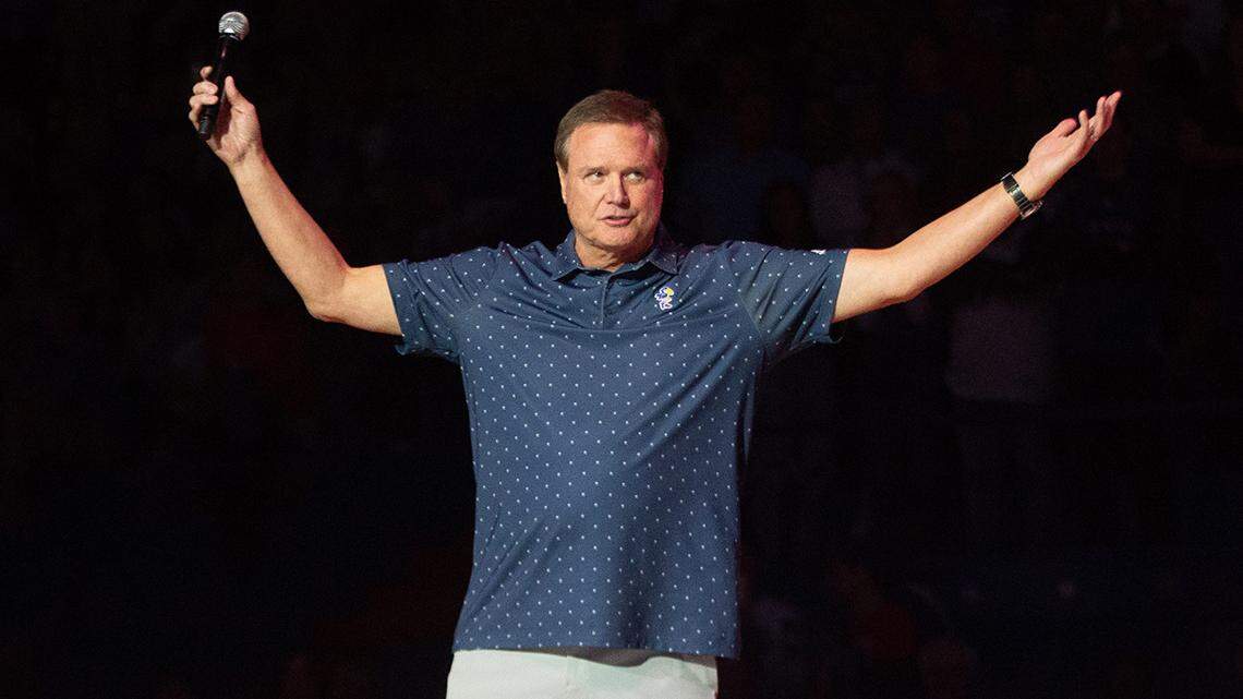Kansas men’s basketball head coach Bill Self welcomes the crowd gathered inside Allen Fieldhouse for Friday’s Late Night in the Phog inside Allen Fieldhouse.