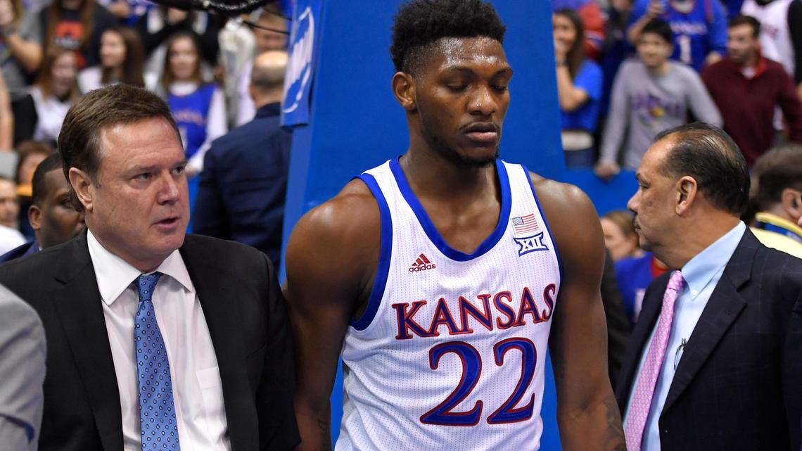 KU coach Bill Self walked off the court with Silvio De Sousa after a brawl broke out at the end of the Jayhawks’ game against Kansas State on Tuesday night, January 21, 2020 at Allen Fieldhouse in Lawrence.