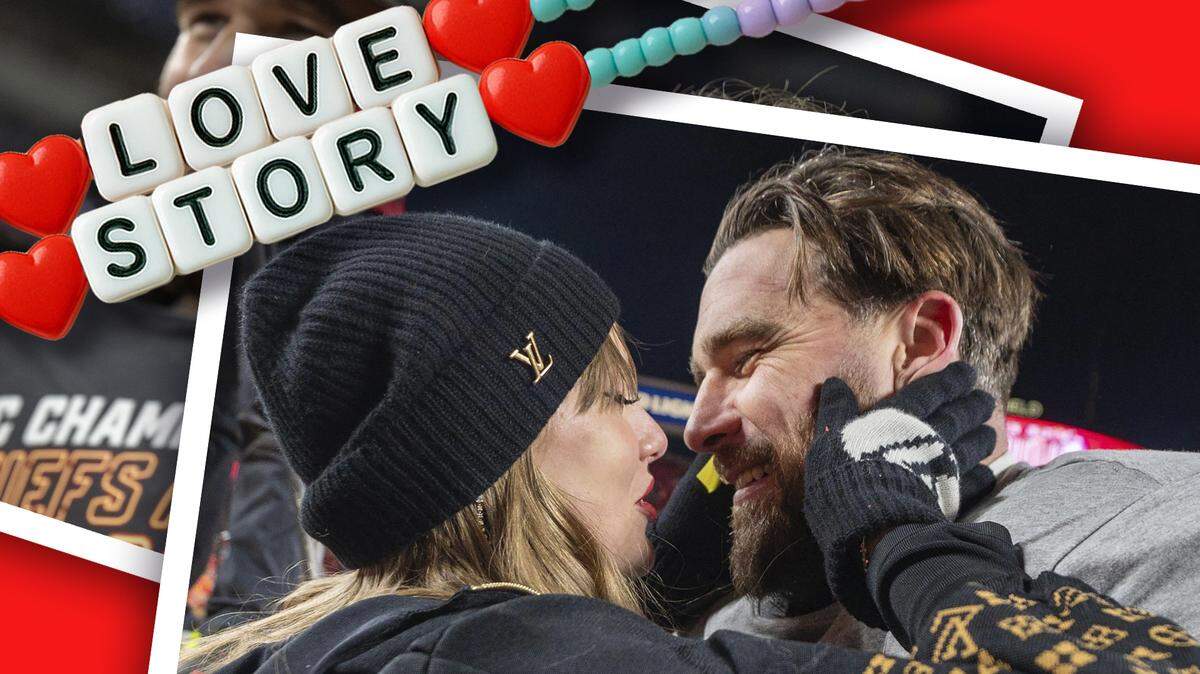 Image of Taylor Swift and Travis Kelce kissing.