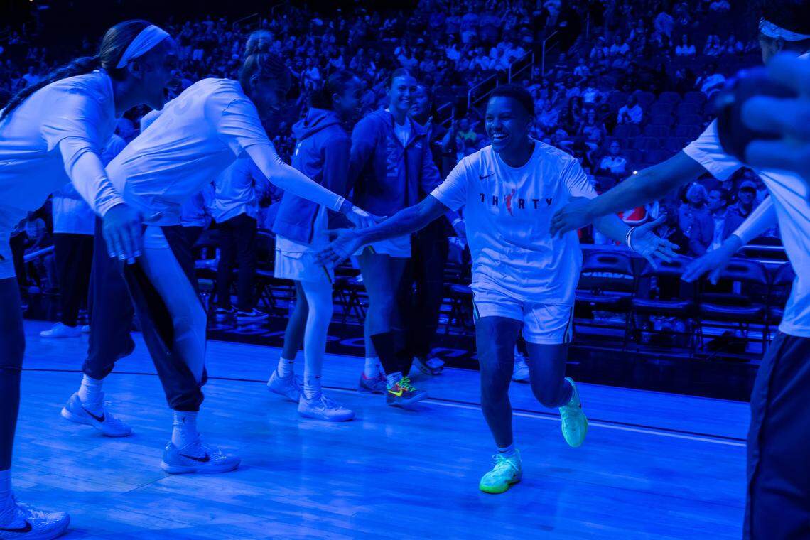 Minnesota Lynx guard Courtney Williams takes the court during introductions prior to a WNBA preseason game vs. the Nigerian women’s basketball team on Monday, April 27, 2026, at T-Mobile Center.