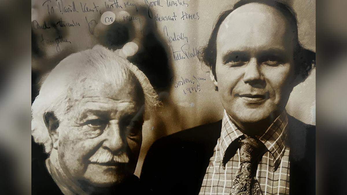 Longtime Boston Pops director Arthur Fiedler, left, got a kick out of the energetic David Guild Kent, who would go on to become general manager of the Kansas City Philharmonic.