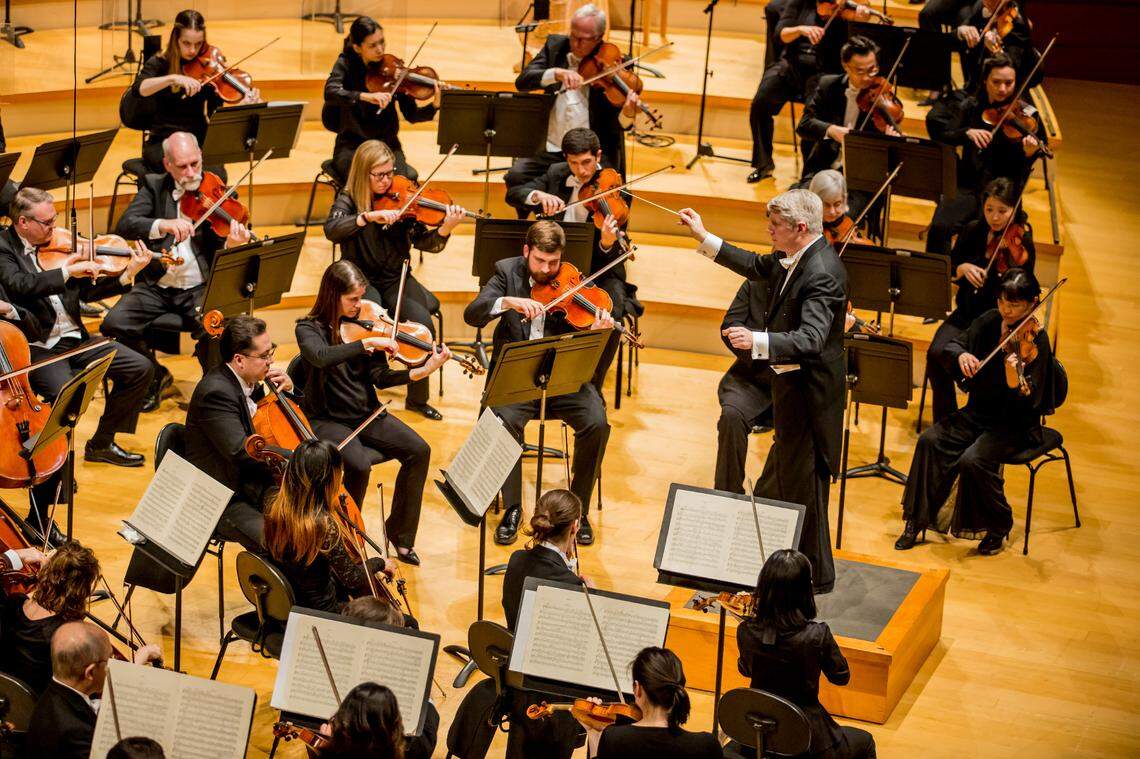 Michael Stern leads the Kansas City Symphony in Helzberg Hall at the Kauffman Center for the Performing Arts.