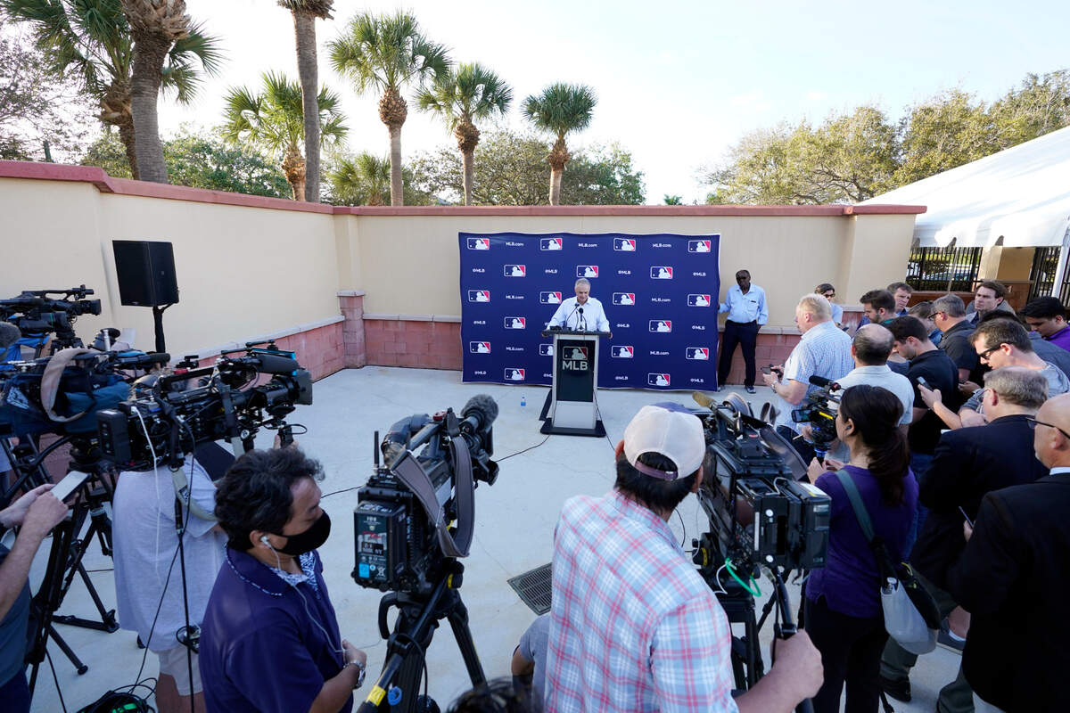 Major League Baseball commissioner Rob Manfred speaks during a news conference after negotiations toward a new labor deal broke down.