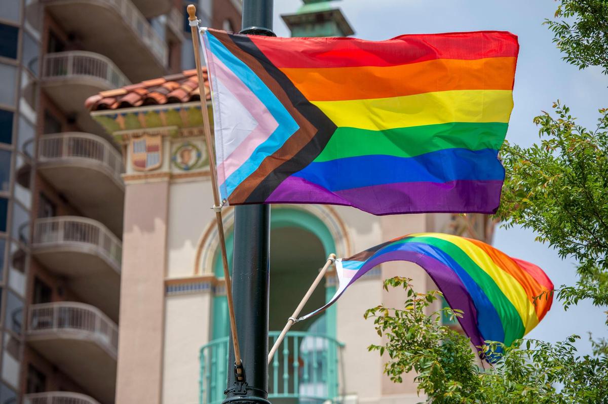 Pride flags are displayed on W. 47th St. at Country Club Plaza during Pride month on Wednesday, June 10, 2022.