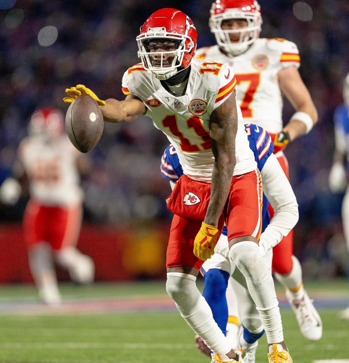 Kansas City Chiefs wide receiver Marquez Valdes-Scantling (11) celebrates a first-down reception during an AFC Divisional Round playoff game against the Buffalo Bills at Highmark Stadium on Sunday, Jan. 21, 2024, in Orchard Park, New York.