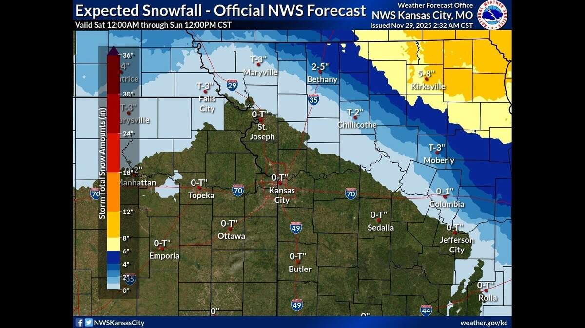 Rain, cold temperatures and wind will impact Kansas City Saturday as most of northern Missouri is hit with a wintry mix, according to the National Weather Service.