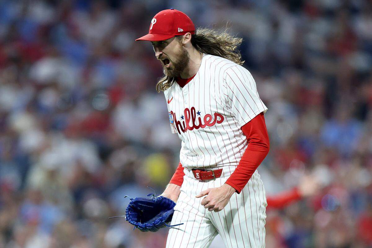 Philadelphia Phillies reliever Matt Strahm celebrates a strikeout against the Boston Red Sox during a game at Citizens Bank Park on July 21, 2025 in Philadelphia.