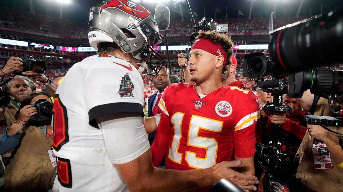 Tampa Bay Buccaneers quarterback Tom Brady (12) and Kansas City Chiefs quarterback Patrick Mahomes (15) greet each other after an NFL football game Sunday, Oct. 2, 2022, in Tampa, Fla. The Chiefs won 41-31.