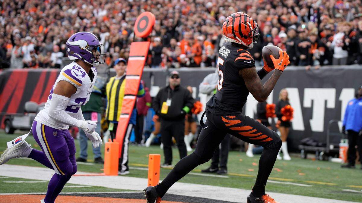 Cincinnati Bengals wide receiver Tee Higgins (5) makes a 13-yard touchdown in the fourth quarter against the Minnesota Vikings.