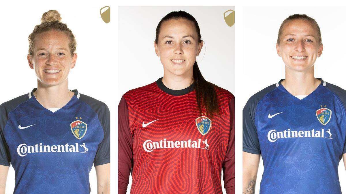 The newest KC NWSL women’s pro-soccer players are, from left, forward Kristen Hamilton, goalkeeper Katelyn Rowland and midfielder Hailie Mace.