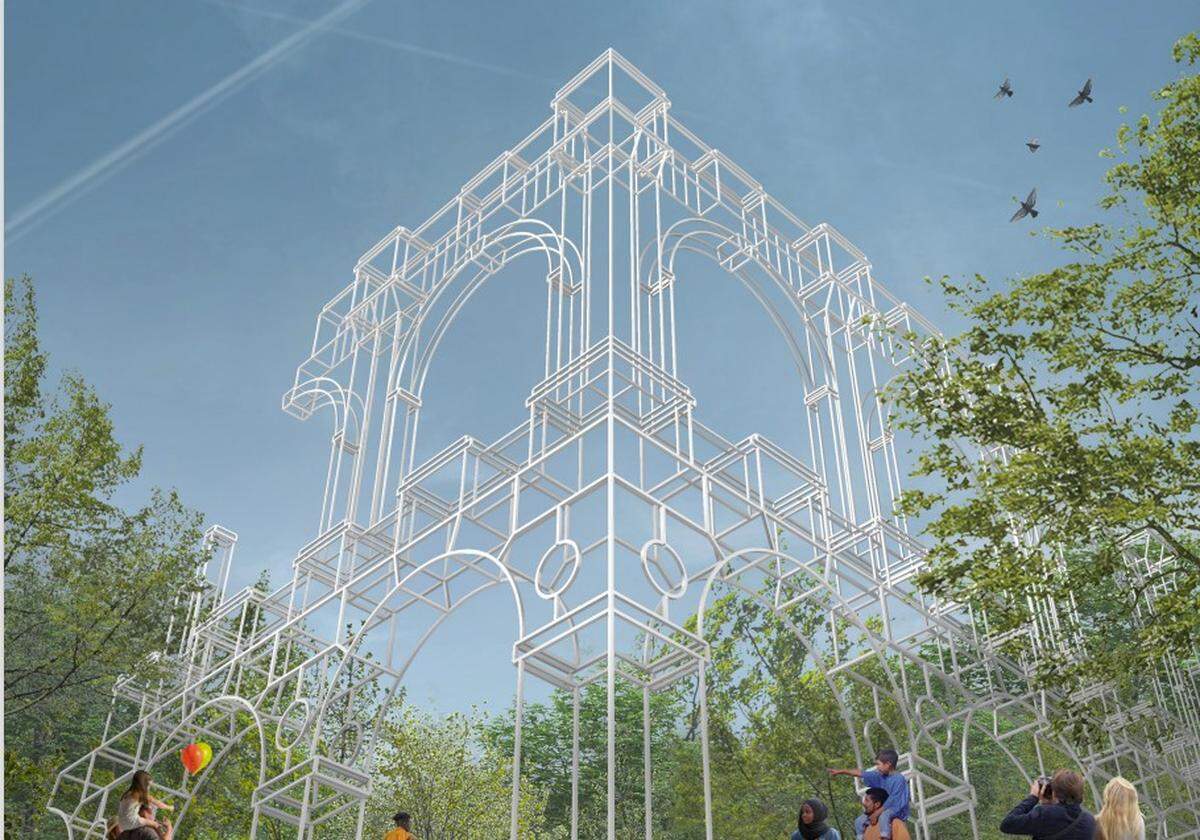 Rendering of corner of the new Barney Allis Plaza where a sculpture evoking the architecture of the former 1899 Kansas City Convention Hall will be created out of thin steel tubing at the periphery of the park.