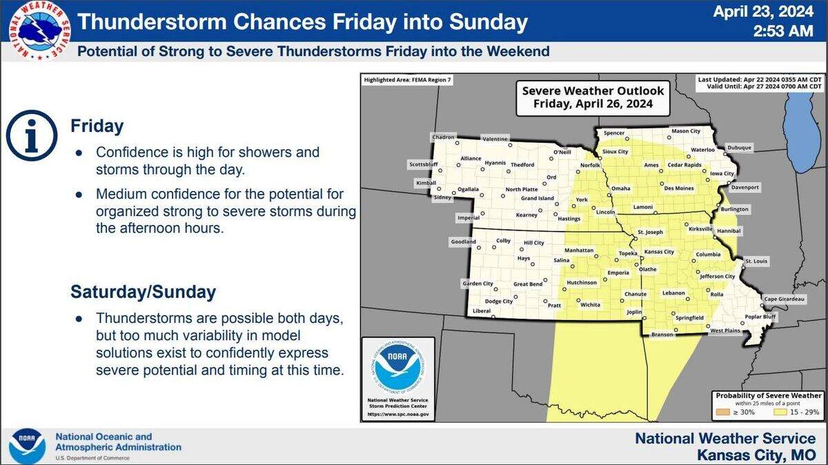 There is potential for strong to severe thunderstorms Friday and into the weekend, the National Weather Service said. People are urged to start thinking about their severe weather plans now and keep checking the forecast for updates.