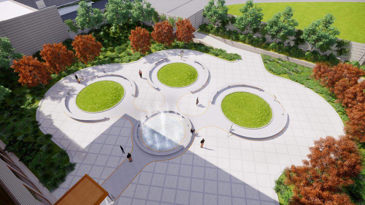 A conceptual rendering of the north courtyard located at the north end of the new KCI terminal head house. This view shows an overview of the central fountain and surrounding plaza design that is representative of the original 1970s KCI Terminal design.
