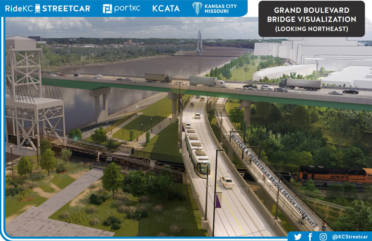 A new pedestrian and bicycle bridge proposed to go over Grand Boulevard would make the parks, businesses and apartments along the Missouri River more accessible to those in City Market. A rendering of the design is provided by the city.