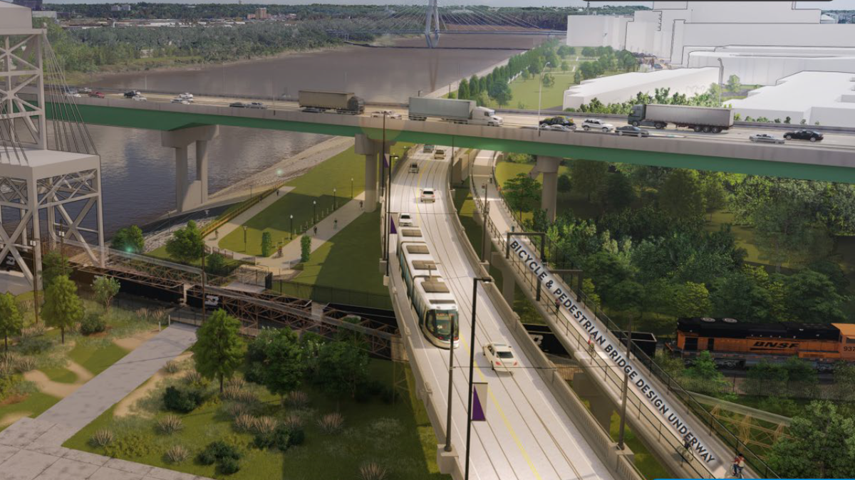 A new pedestrian and bicycle bridge proposed to go over Grand Boulevard would make the parks, businesses and apartments along the Missouri River more accessible to those in City Market. A rendering of the design is provided by the city.