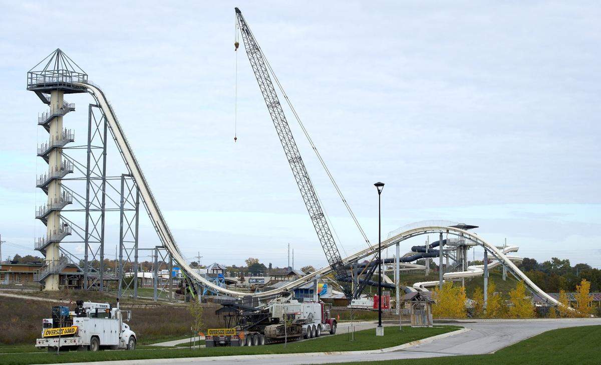 A crane was in place in October, 2018, to take down the 17-story Verruckt slide at Schlitterbahn water park in Kansas City, Kan.