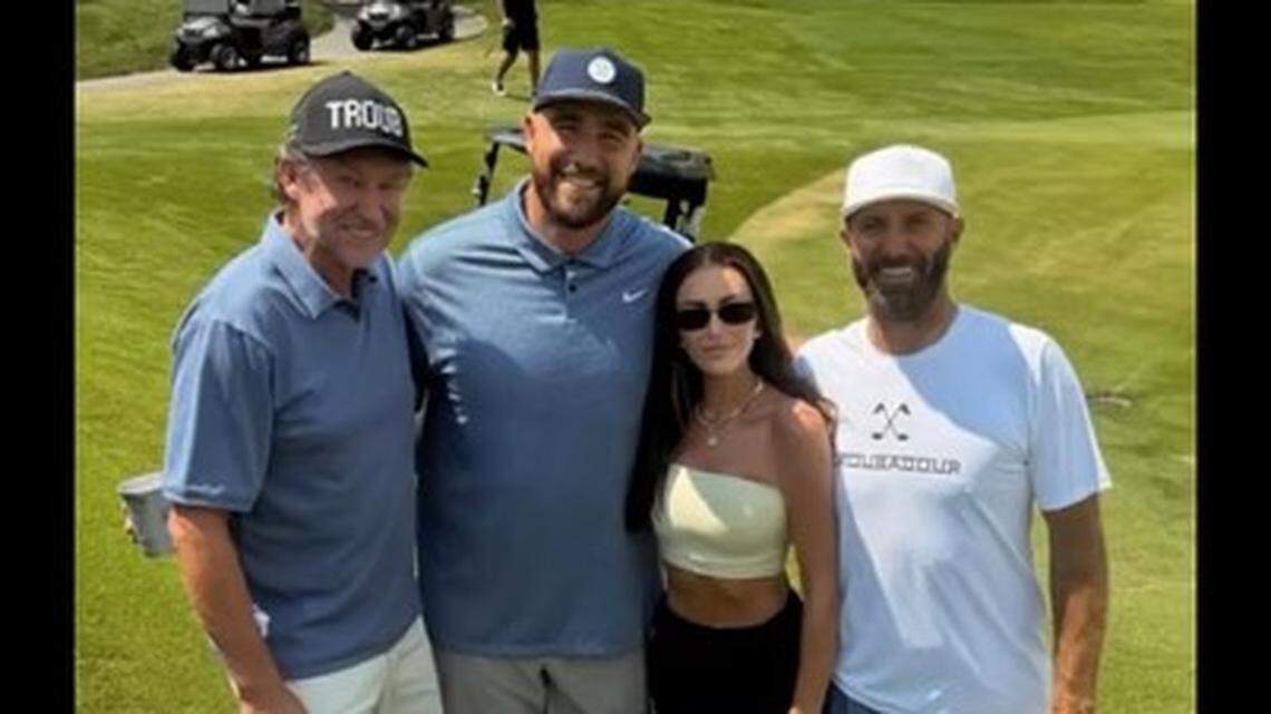 The Chiefs’ Travis Kelce golfed Sunday with Wayne Gretzky, Paulina Gretzky and Dustin Johnson.