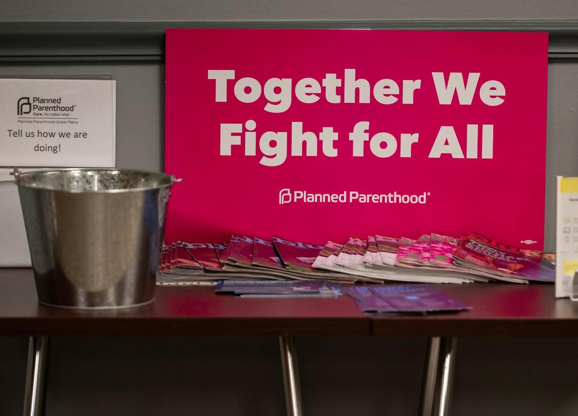 A sign in the waiting room at at Planned Parenthood Great Plains on Saturday, Feb. 15, 2025, in Kansas City.
