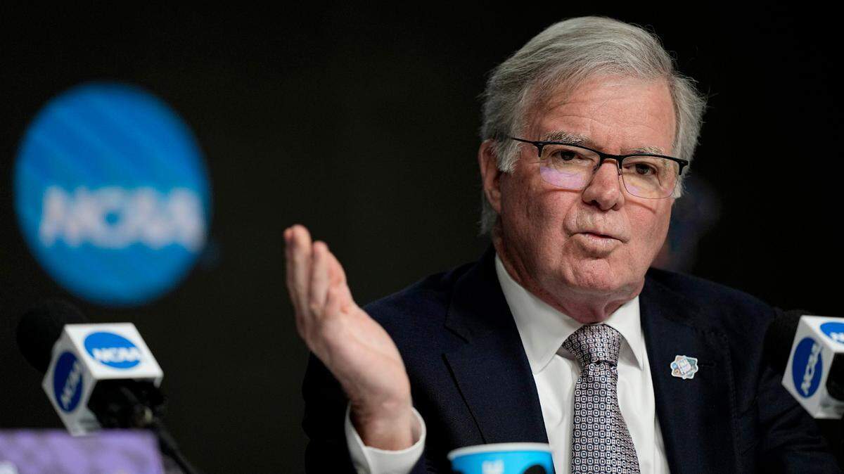 NCAA president Mark Emmert answers a question during a news conference at the men’s Final Four NCAA college basketball tournament Thursday, March 31, 2022, in New Orleans.