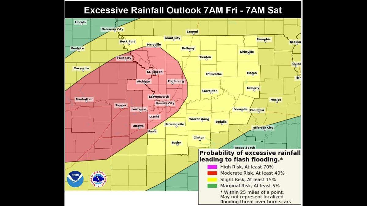 Another round of heavy rain is likely Friday afternoon and night, with some isolated areas receiving up to 5 inches of additional rainfall, the National Weather Service said. The Kansas City metro is included in an area that is at a moderate risk of excessive rainfall, the second-highest category indicating the likelihood of heavy rain causing flash flooding.