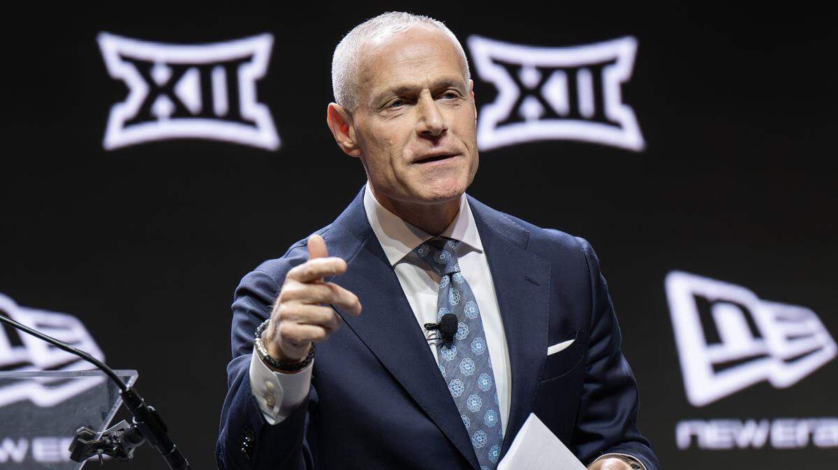 Brett Yormark, commissioner of the Big 12 Conference, speaks during Big 12 Media Days at T-Mobile Center on Tuesday, Oct. 21, 2025, in Kansas City.