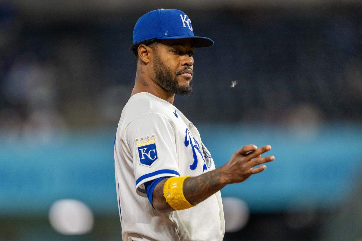 Kansas City Royals third baseman Maikel Garcia watches a piece of cotton float by during a game against the Boston Red Sox on Wednesday, May 20, 2026, at Kauffman Stadium.