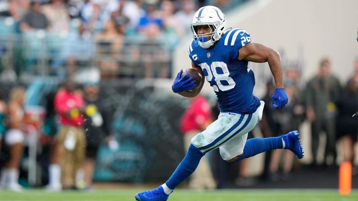 Indianapolis Colts running back Jonathan Taylor finds some running room during the game against the Jacksonville Jaguars, Sunday, September 18, 2022 in Jacksonville, Fllorida. The Jaguars defeated the Colts 24-0.