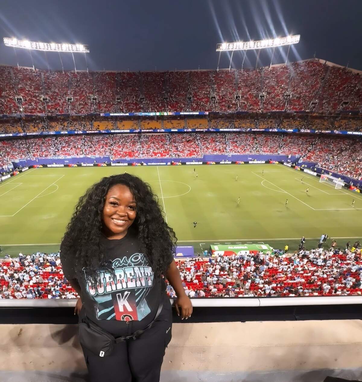 Kansas City Star journalist Alexa Stone at Kansas City (Arrowhead) Stadium during the World Cup. Covering sports history in her hometown has been a childhood dream come true.