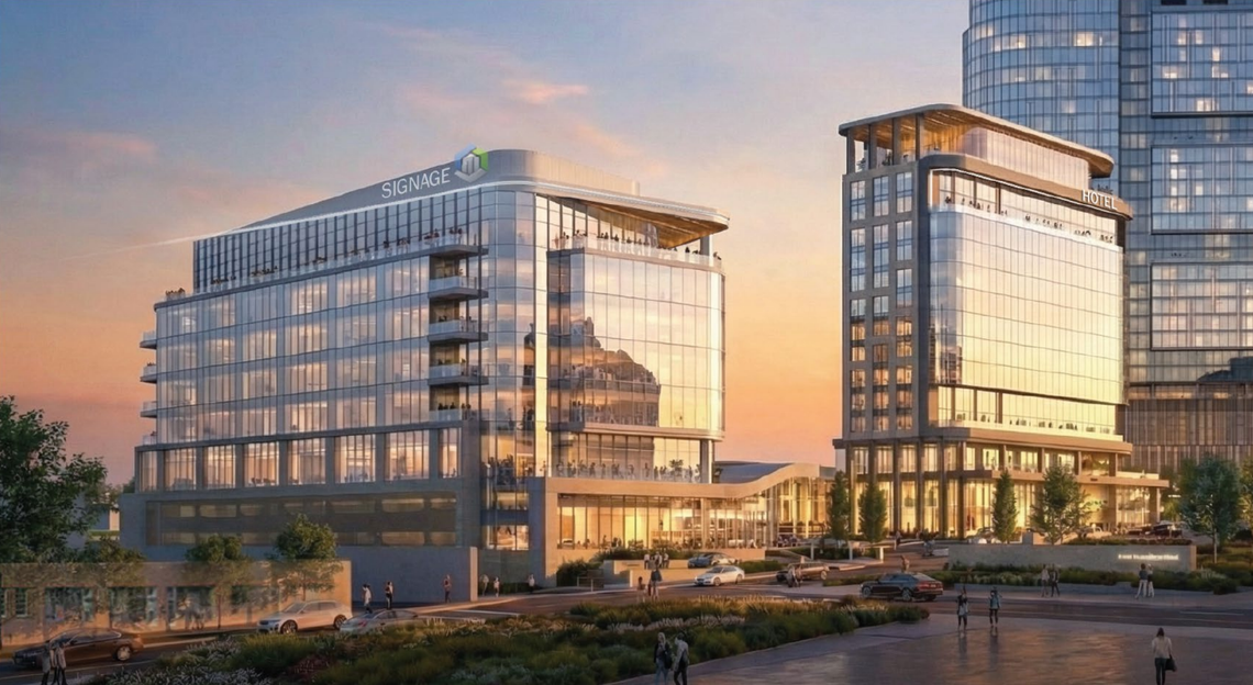 A rendering of a proposed new luxury hotel and a proposed new office building in Kansas City’s Crossroads off 16th Street and Broadway Boulevard.