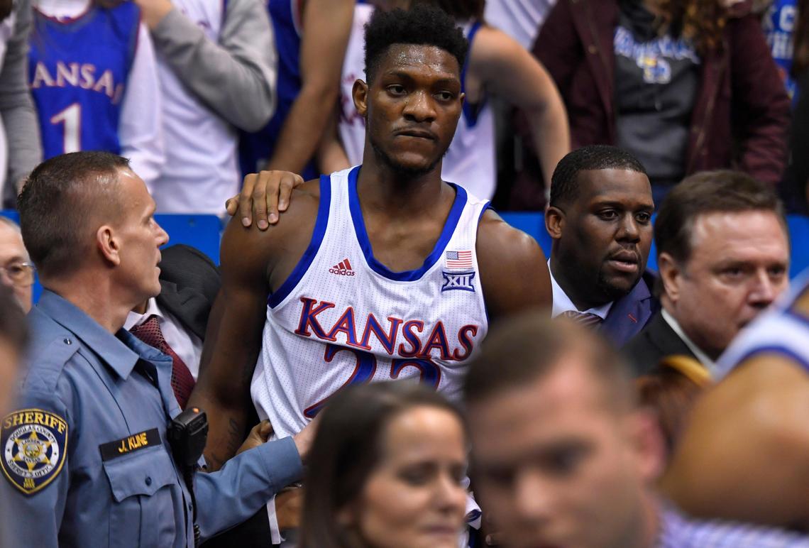KU’s Silvio De Sousa, middle, blocked a shot by a Kansas State player and a benches-clearing brawl involving players from both teams ensued behind the basket on Tuesday night, January 21, 2020 at Allen Fieldhouse in Lawrence.