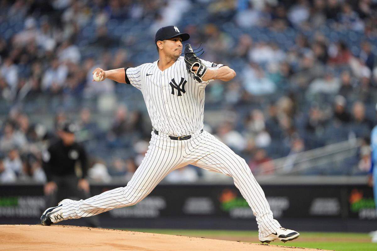 Yankees starting pitcher Carlos Carrasco throws against the Kansas City Royals during a Monday, April 14, 2025 Major League Baseball game at Yankee Stadium in New York.
